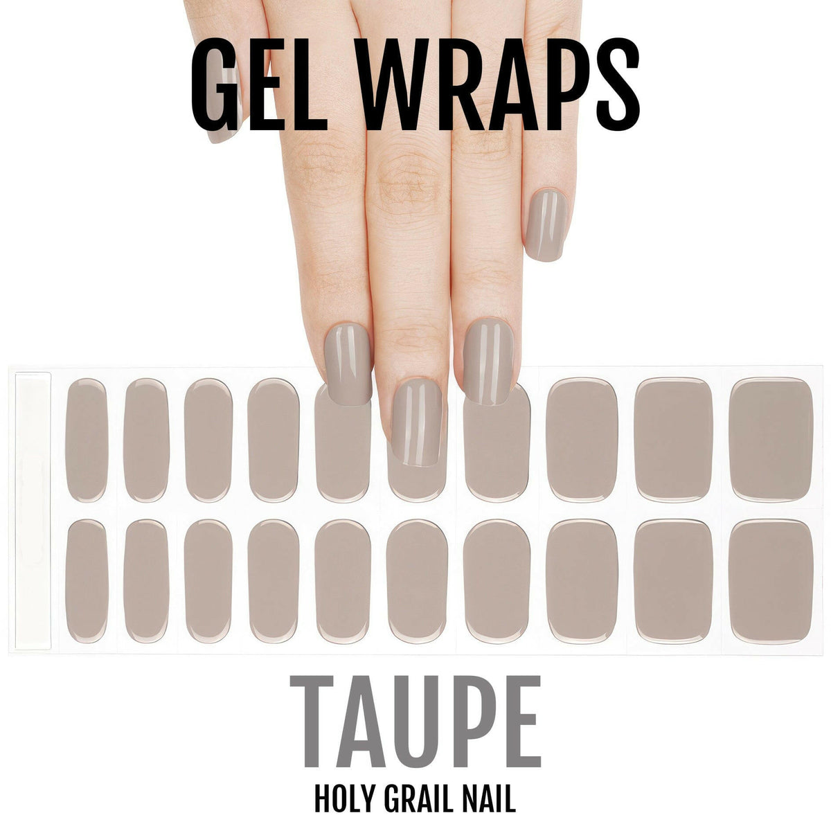 Taupe gel nail wrap sheet with hand showing neutral brown manicure strips