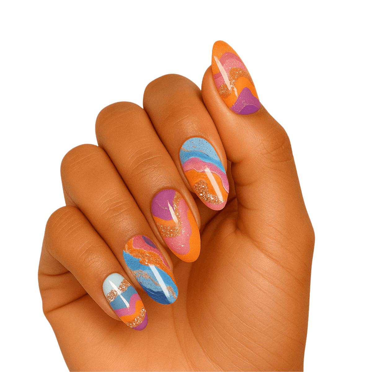 Multicoloured abstract gel nail wraps on hand featuring blue orange pink gold glitter swirls