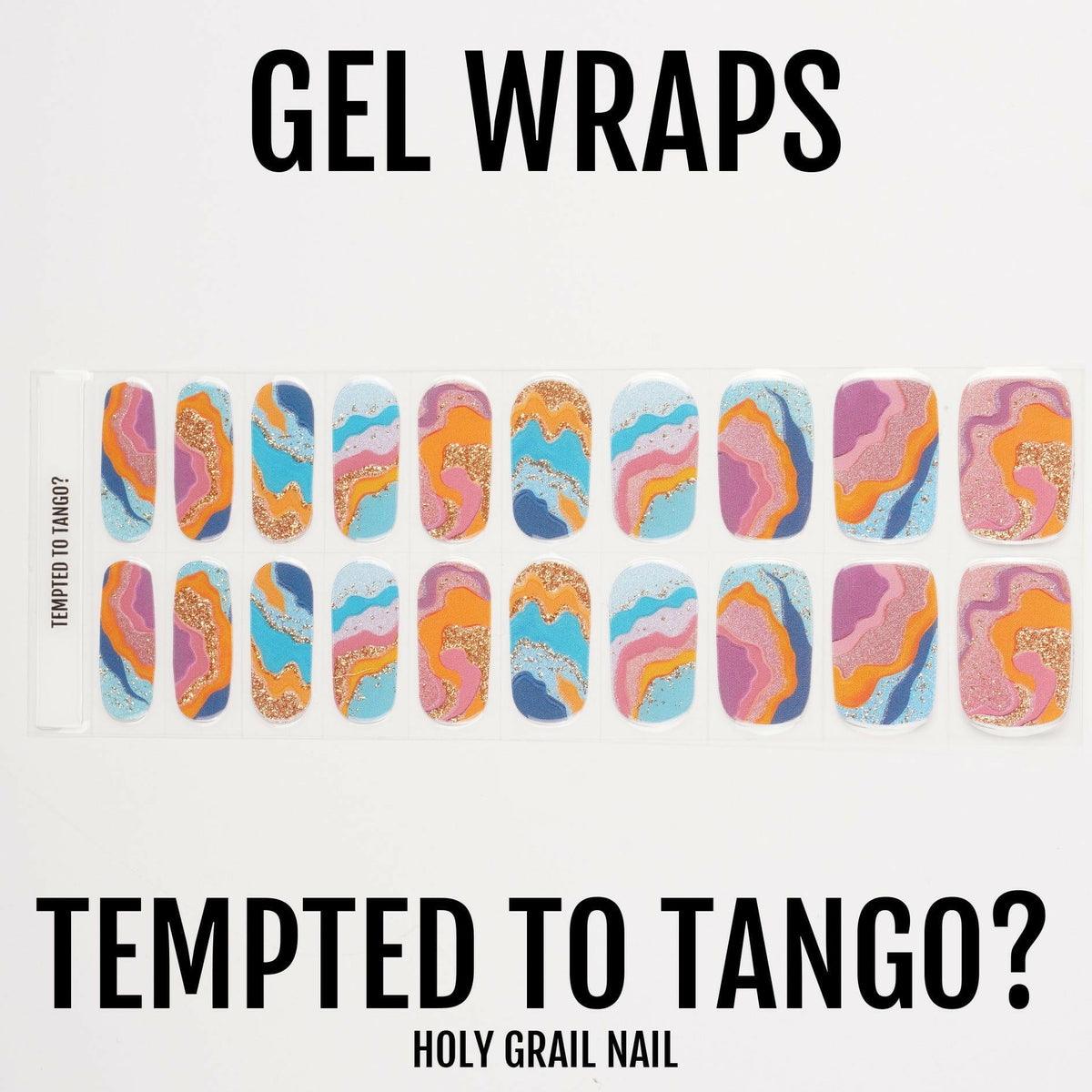 Gel nail wraps sheet showing abstract multicoloured marble design with gold glitter accents
