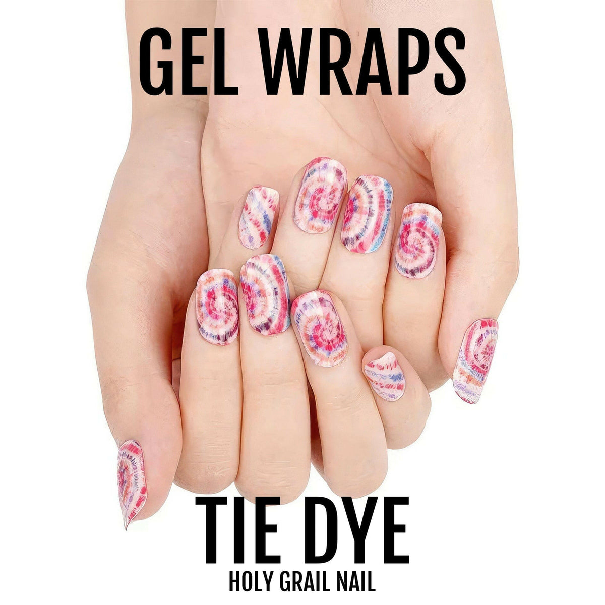 Pink purple tie dye gel nail wraps on hands showing psychedelic swirl nail art