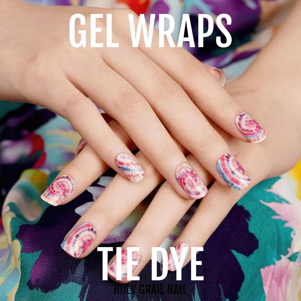 Tie dye gel nail wraps on hands with pink purple swirl pattern design