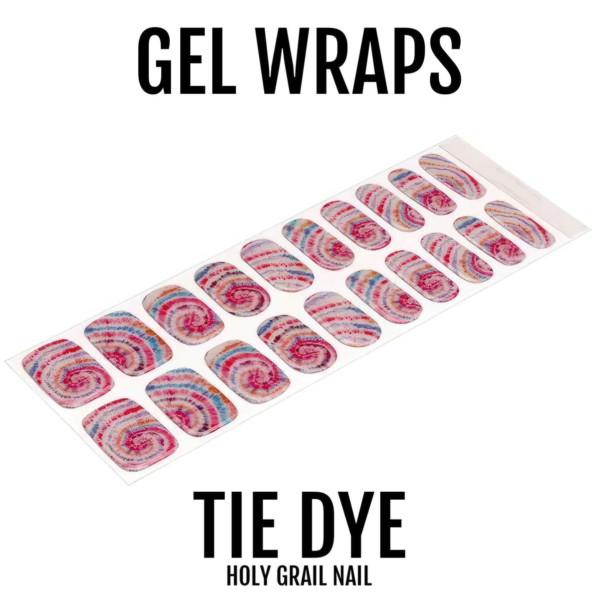 Pink purple tie dye gel nail wraps sheet showing psychedelic swirl patterns for manicure