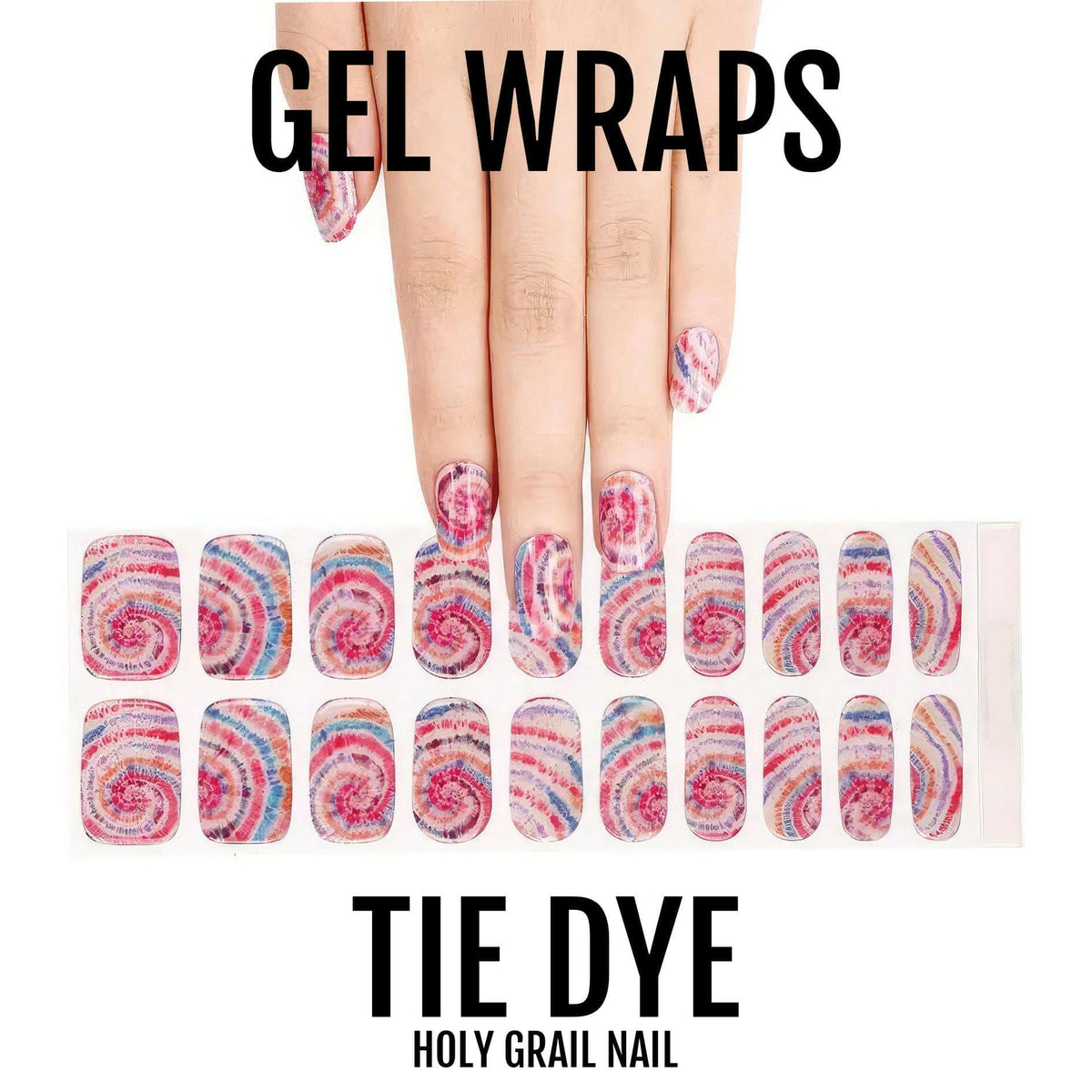 Tie dye gel nail wraps on hands with nail sheet showing pink purple swirl designs