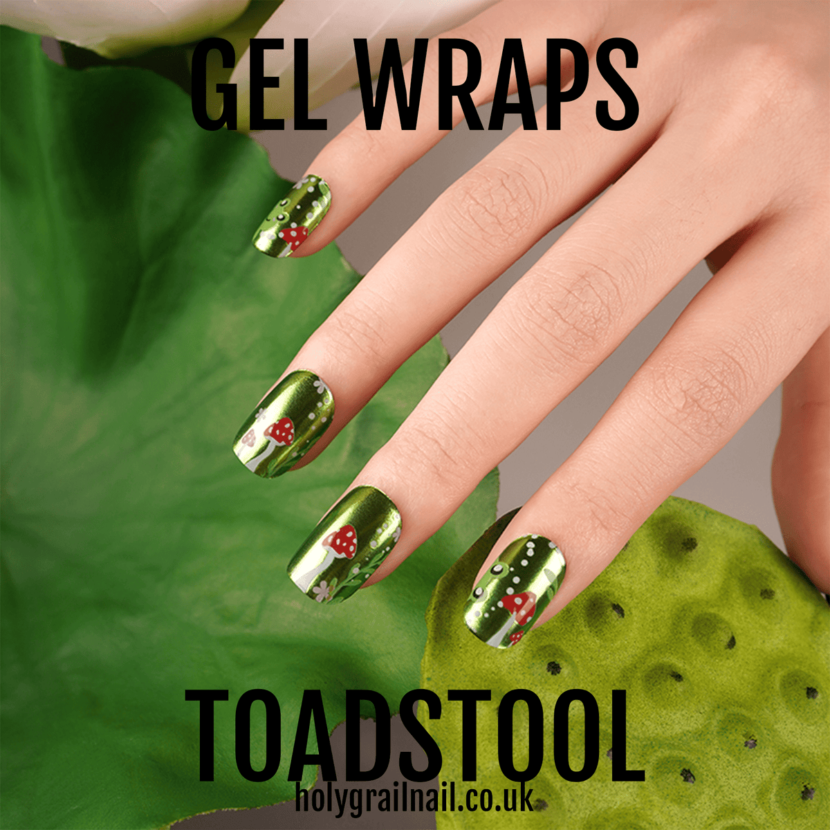 Toadstool gel nail wraps featuring green base with red mushroom designs