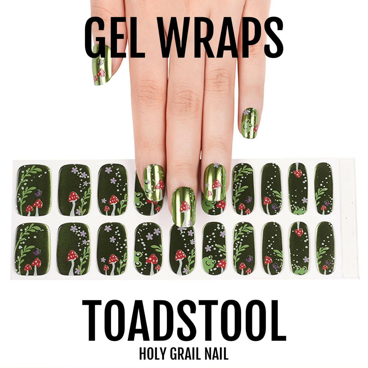 Green mushroom toadstool gel nail wraps on hand with botanical fairy design