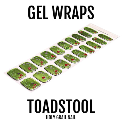 Toadstool gel nail wraps sheet with green mushroom patterns for at-home manicure