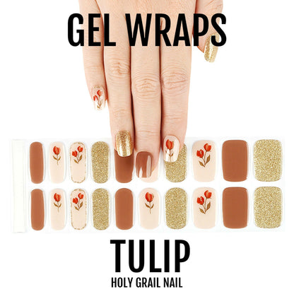 Tulip gel nail wraps in brown, gold and cream with floral patterns for at-home manicure
