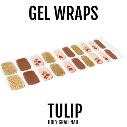 Semi-cured gel nail wraps featuring brown, gold glitter and tulip floral design sheet