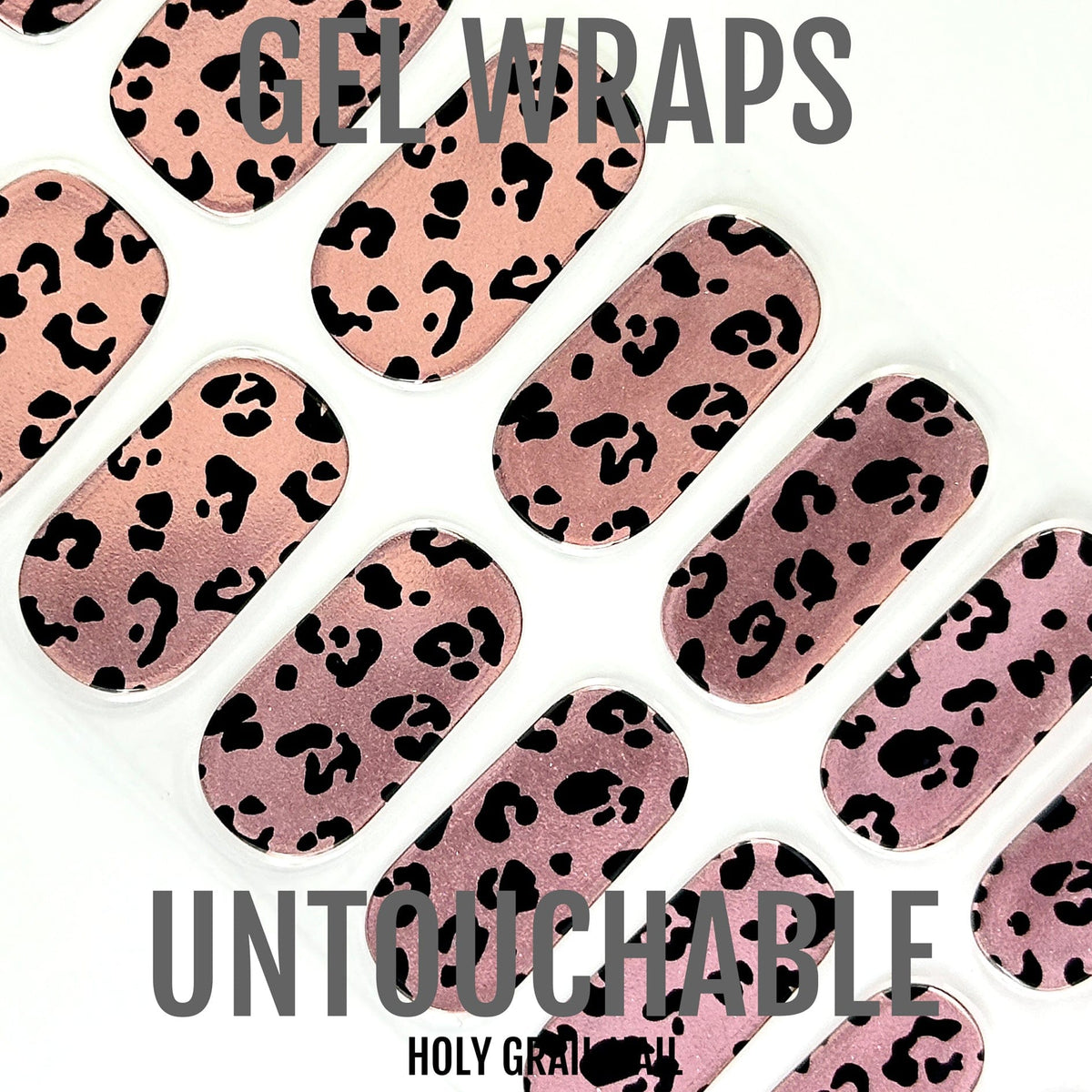 Semi-cured gel nail wraps in pink leopard print pattern with black spots design