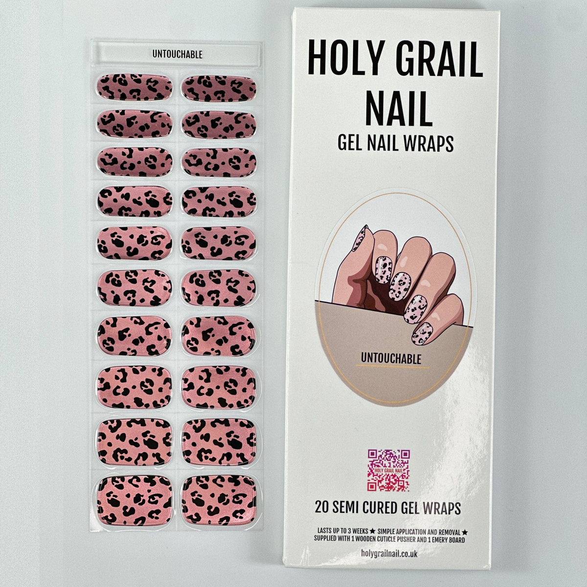 Gel nail wraps packaging showing pink leopard print design with black spots