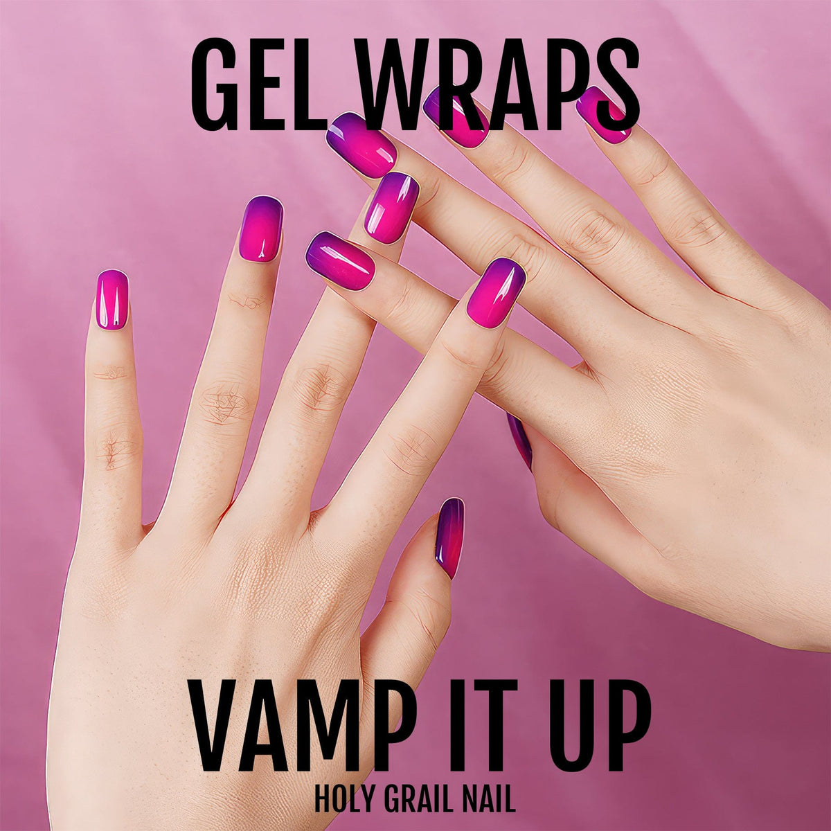 Purple gradient gel nail wraps with hands showing vampy ombre manicure design