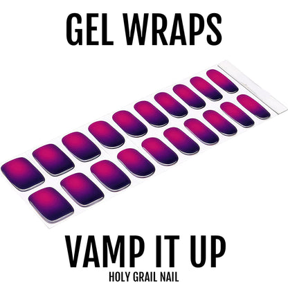 Purple gradient gel nail wraps pack showing vampy ombre manicure strips ready to apply