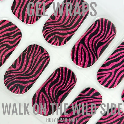 Pink and burgundy zebra print gel nail wraps sheet for at-home manicure