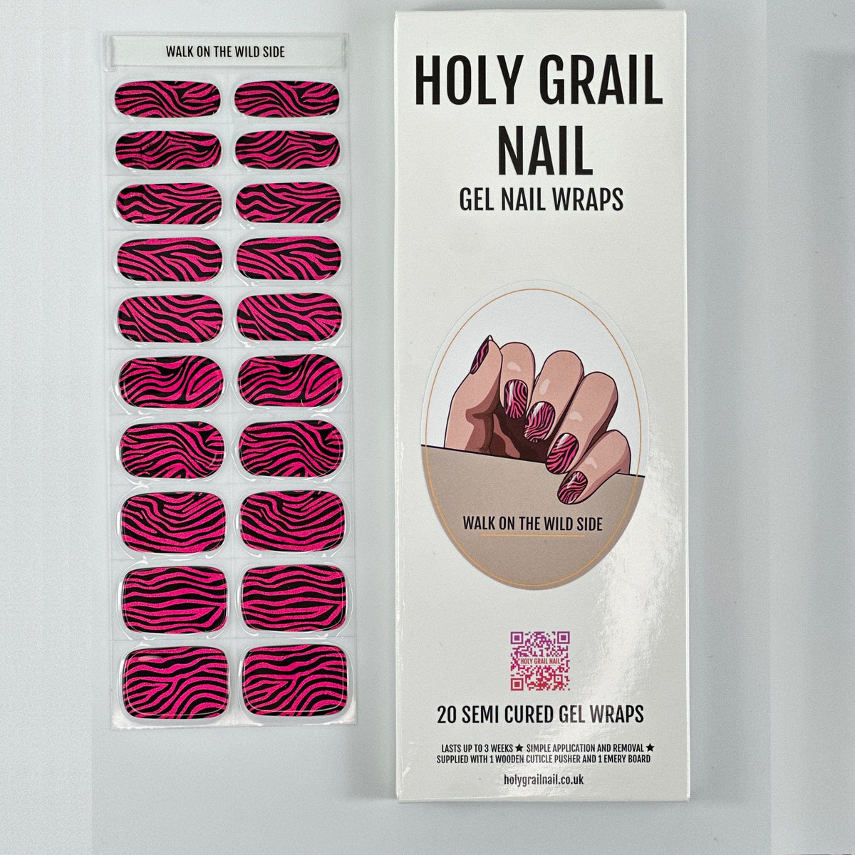 Gel nail wraps packaging showing burgundy zebra print semi-cured nail designs
