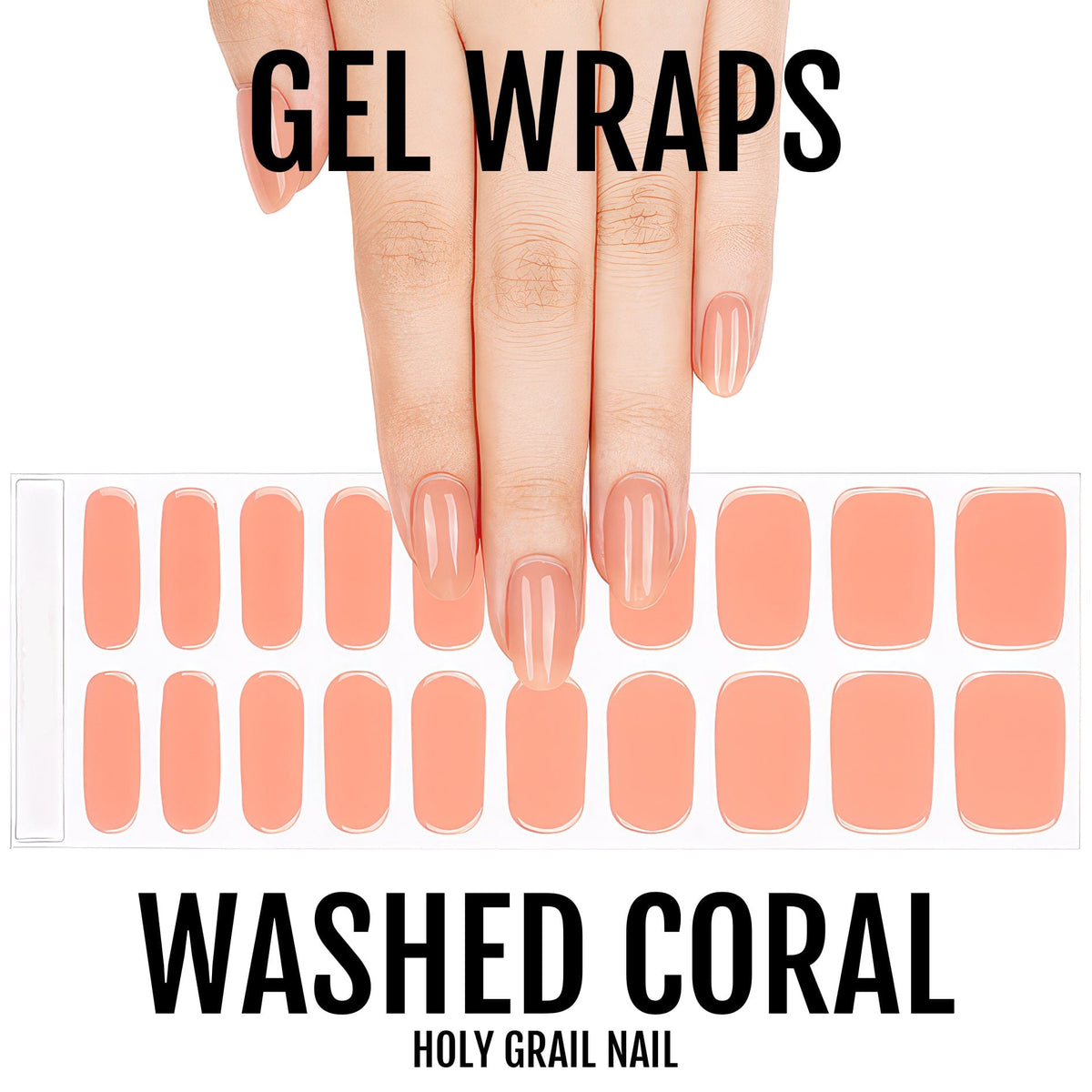Washed coral gel nail wraps sheet and hand model, semi-cured gel manicure