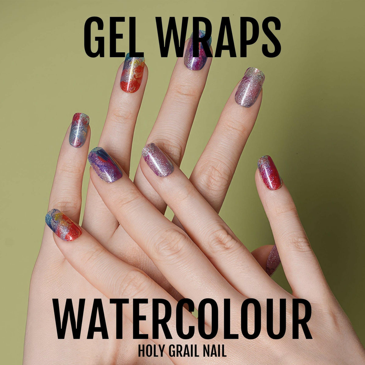 Rainbow watercolour gel nail wraps on hands with blended painterly finish