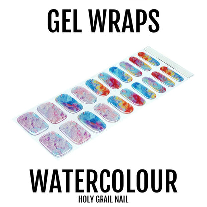 Watercolour gel nail wrap sheet showing rainbow abstract patterns for nail art