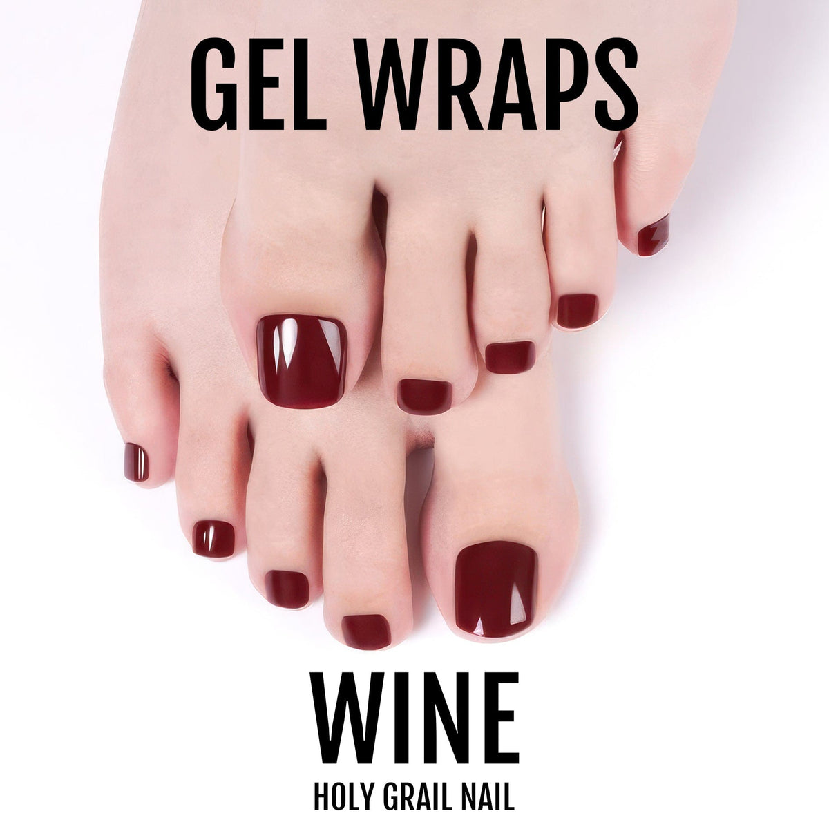 Wine coloured gel pedi wraps applied on toes showing deep red burgundy glossy finish