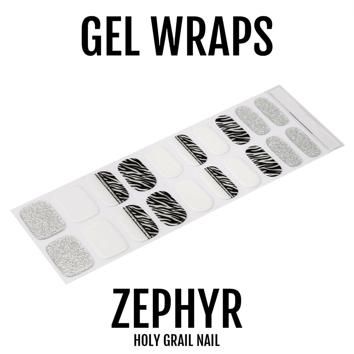 Black and white zebra stripe gel nail wraps sheet with glitter silver accents