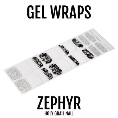 Black and white zebra stripe gel nail wraps sheet with glitter silver accents