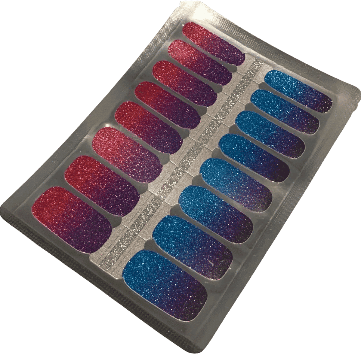 Glitter nail wraps sheet showing purple pink blue gradient sparkly manicure strips packaging