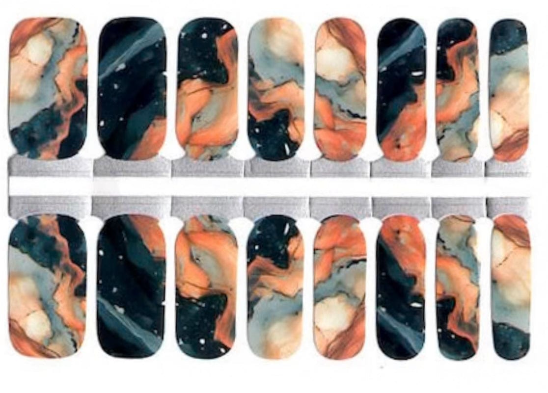 Molten stone nail wraps sheet featuring marble terracotta orange and green swirl patterns