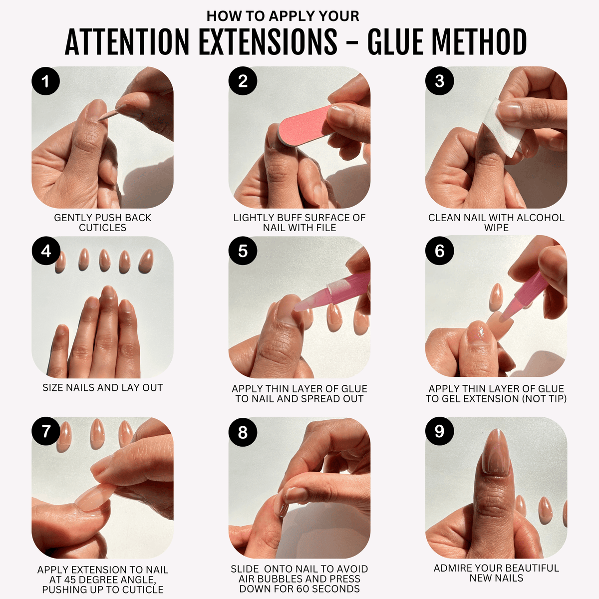 9-step guide for glue-applying Attention Extensions press-on nail tips in nude almond shape.