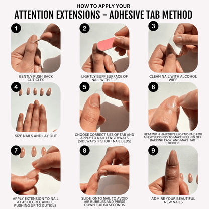 Step-by-step guide for applying nude almond press-on nail extensions with adhesive tabs.