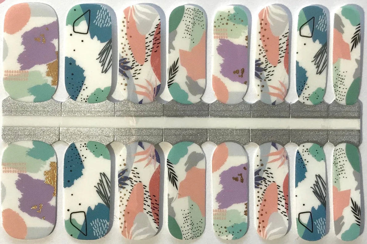Nail wraps with abstract pastel coral, mint, lilac and gold-fleck collage design