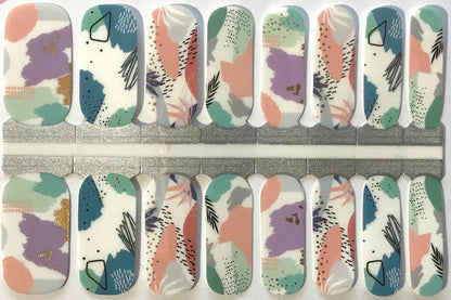 Nail wraps with abstract pastel coral, mint, lilac and gold-fleck collage design