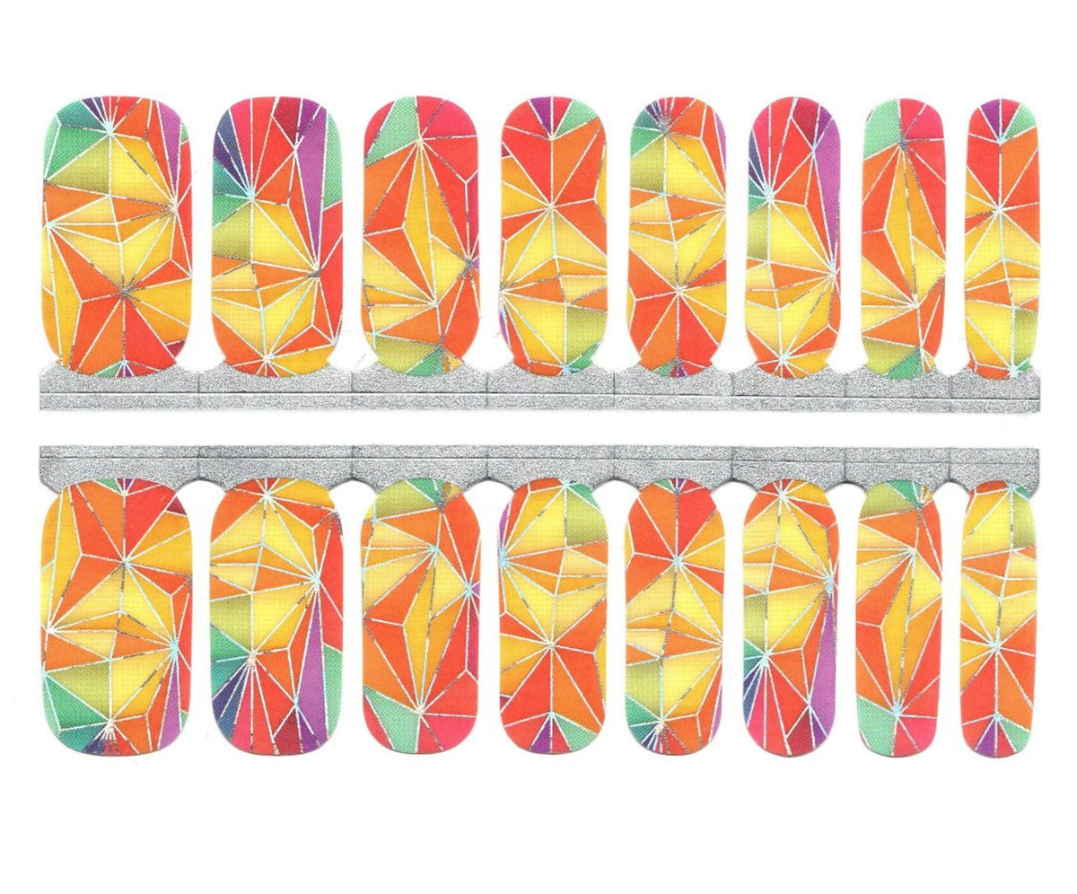 Nail wraps with multicoloured geometric kaleidoscope pattern in orange, yellow, red and purple