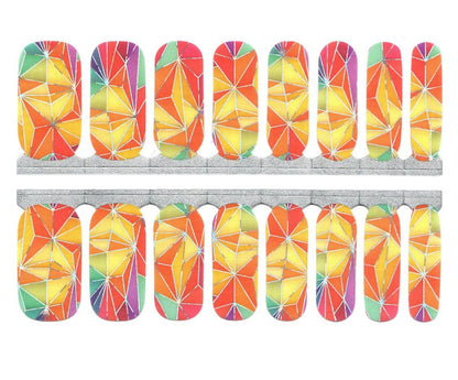 Nail wraps with multicoloured geometric kaleidoscope pattern in orange, yellow, red and purple