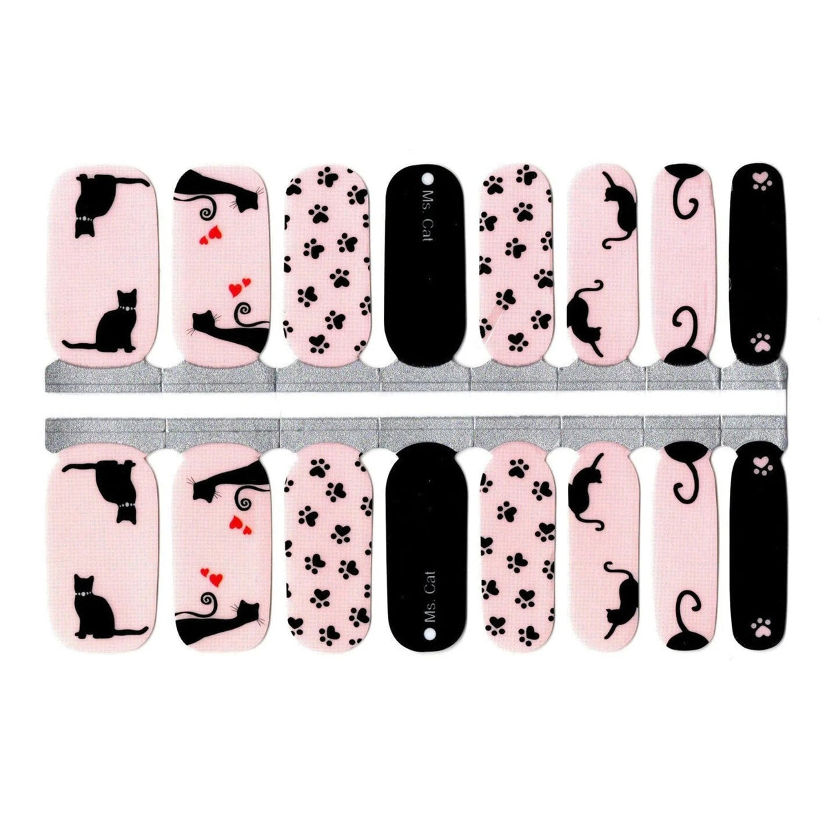 Pink and black nail wraps with cat silhouettes, paw prints and heart motifs