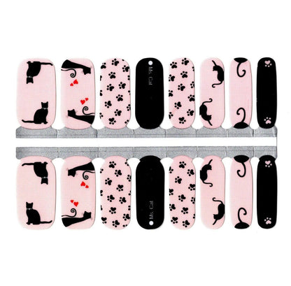 Pink and black nail wraps with cat silhouettes, paw prints and heart motifs