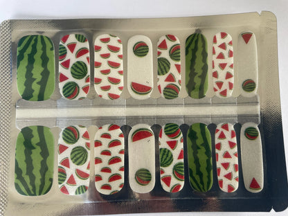 Holy Classics nail wraps with watermelon print: stripes, slices, and whole fruit motifs