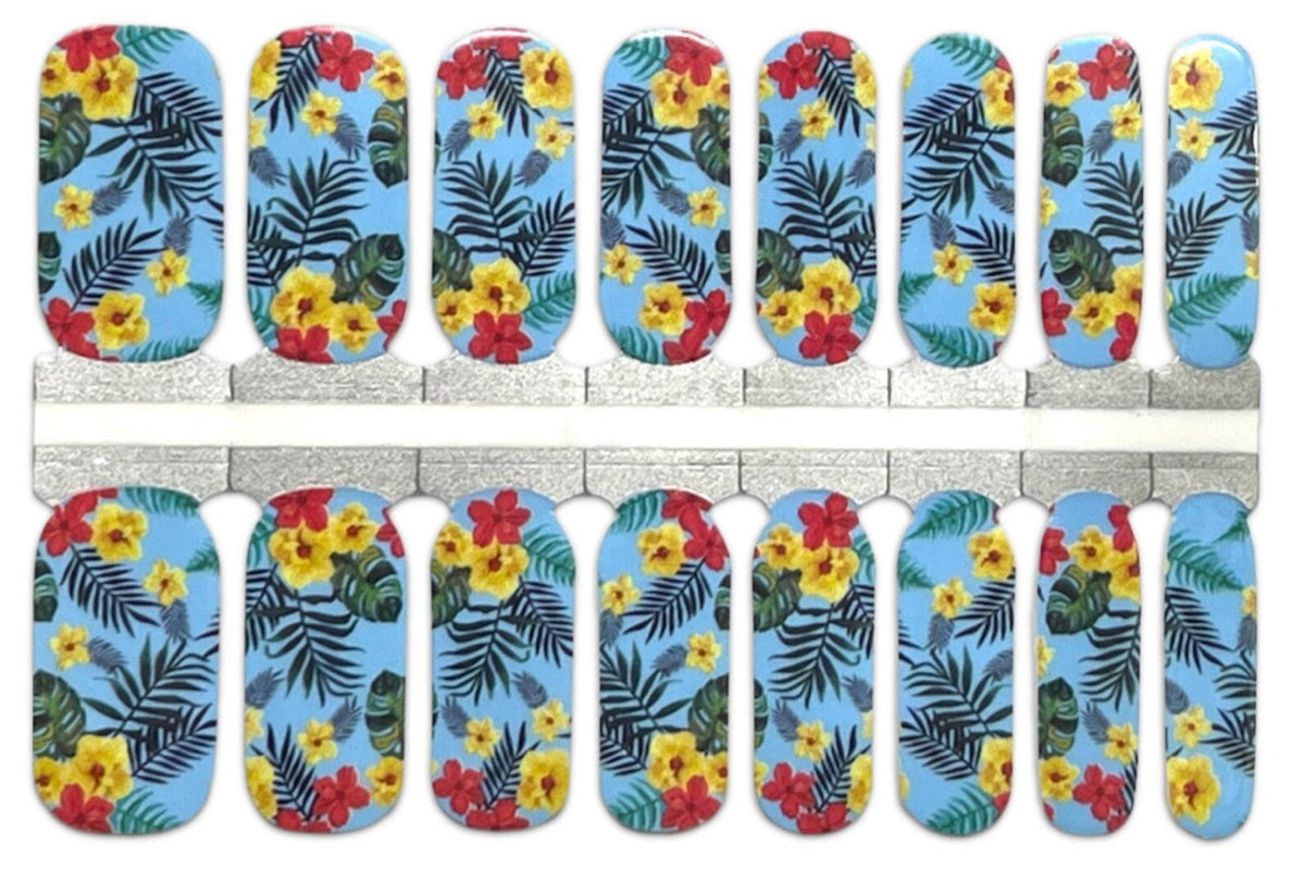 Sky blue nail wraps with tropical hibiscus floral print in red, yellow and palm leaves