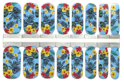 Sky blue nail wraps with tropical hibiscus floral print in red, yellow and palm leaves