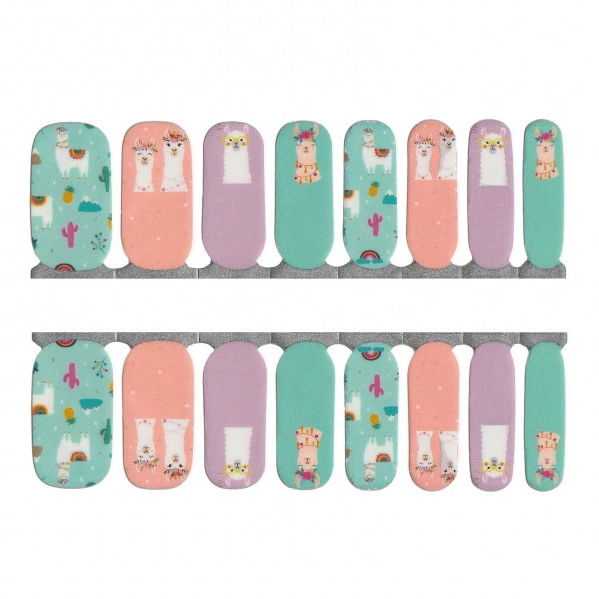 Nail wraps in mint, coral and lilac with cartoon llama, cactus and rainbow designs