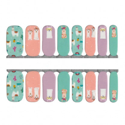 Nail wraps in mint, coral and lilac with cartoon llama, cactus and rainbow designs