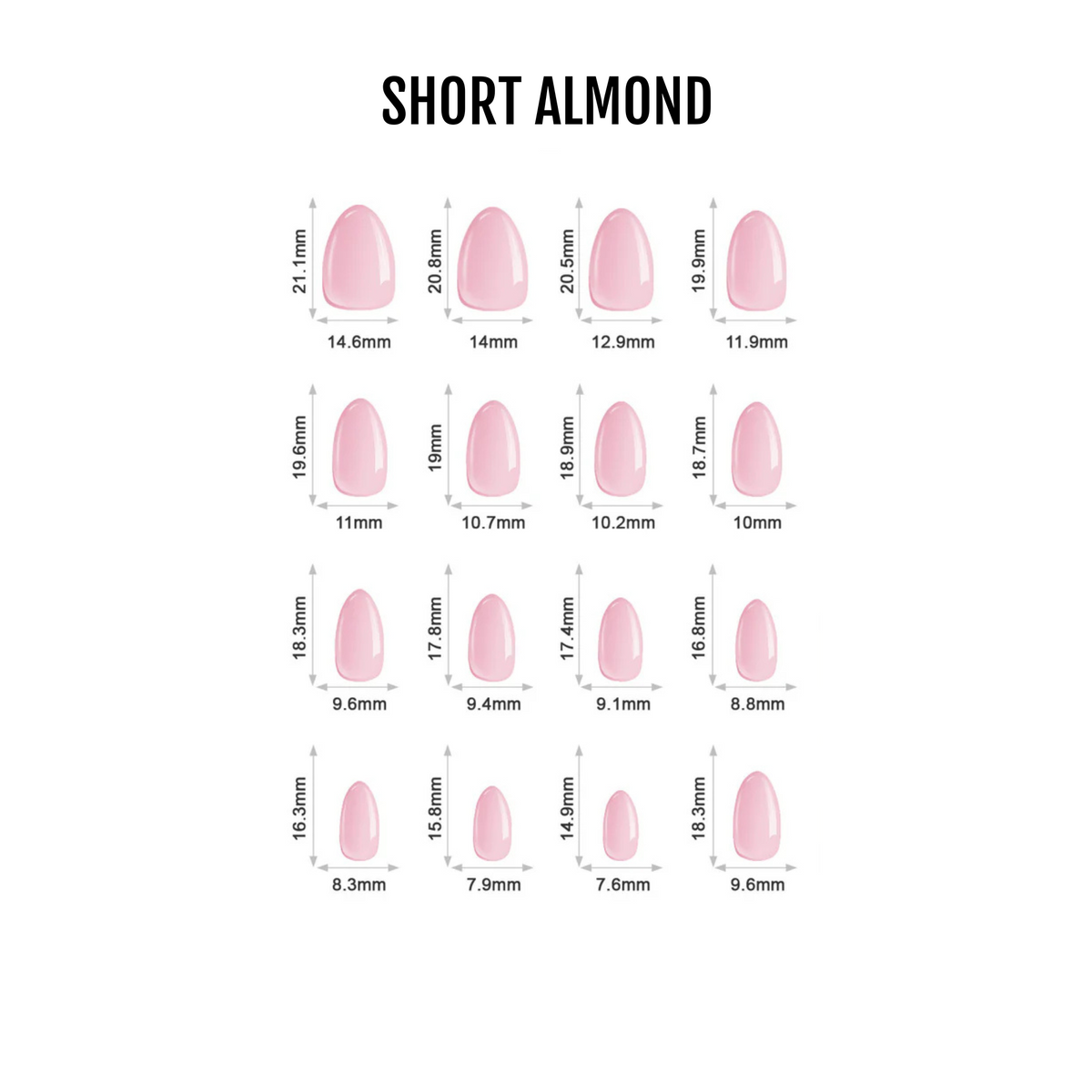 Size chart for short almond press-on nails in glossy solid pink, 16 sizes with measurements