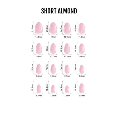 Size chart for short almond press-on nails in glossy solid pink, 16 sizes with measurements