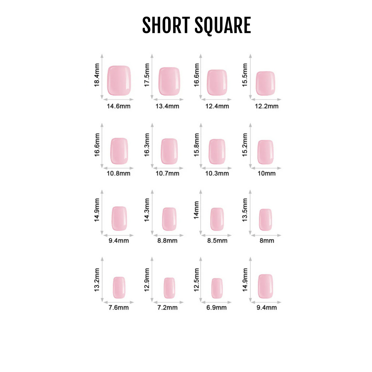Size chart for solid pink glossy press-on nails in short square shape, 16 sizes.