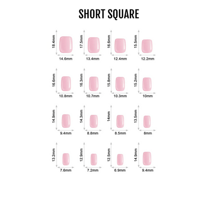 Size chart for solid pink glossy press-on nails in short square shape, 16 sizes.