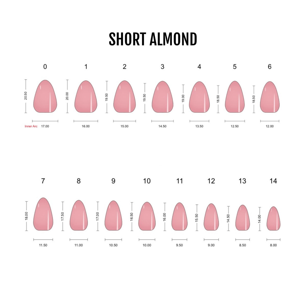 Short almond nail size chart, sizes 0-14 with width and length measurements